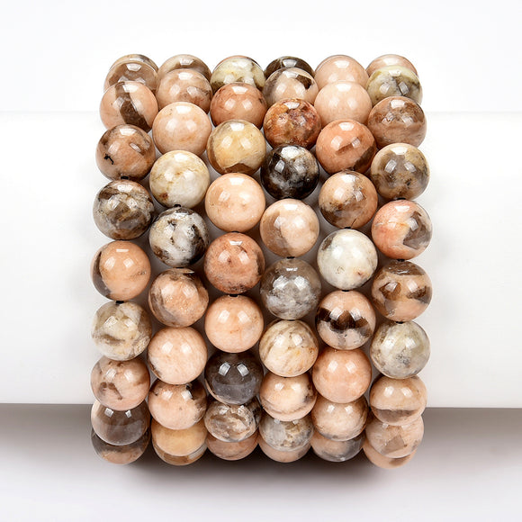 Rare Orange Moonstone With Smoky Quartz Inclusions Gemstone Round Bracelet 8MM 10MM 7.5 inch Strand (S22)