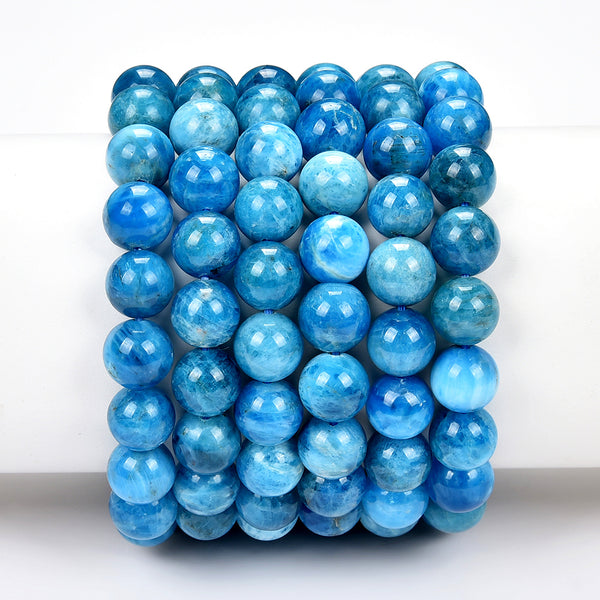 Natural Ocean Blue Apatite Gemstone Round Bracelet 8MM 10MM 7.5 inch Strand (S22)