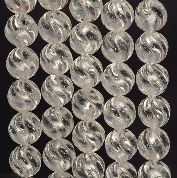 10mm White Rock Crystal Quartz Gemstone Grade AAA Carved Round Twist Loose Beads 15.5 inch Full Strand (90187637-698)