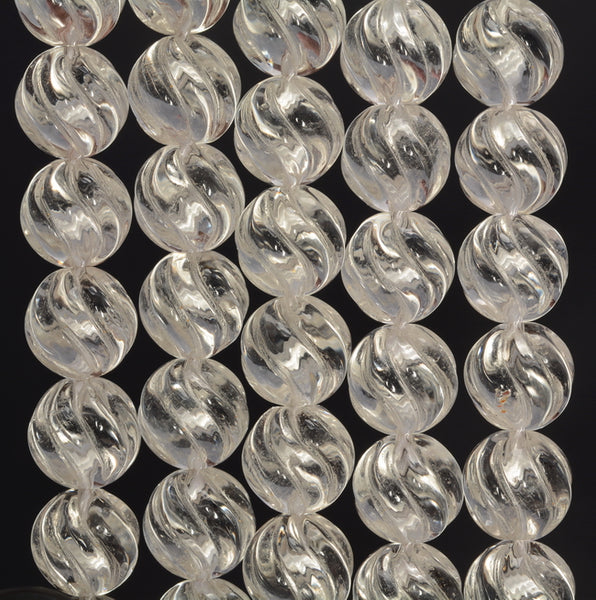 12mm White Rock Crystal Quartz Gemstone Grade AAA Carved Round Twist Loose Beads 15.5 inch Full Strand (90187630-698)