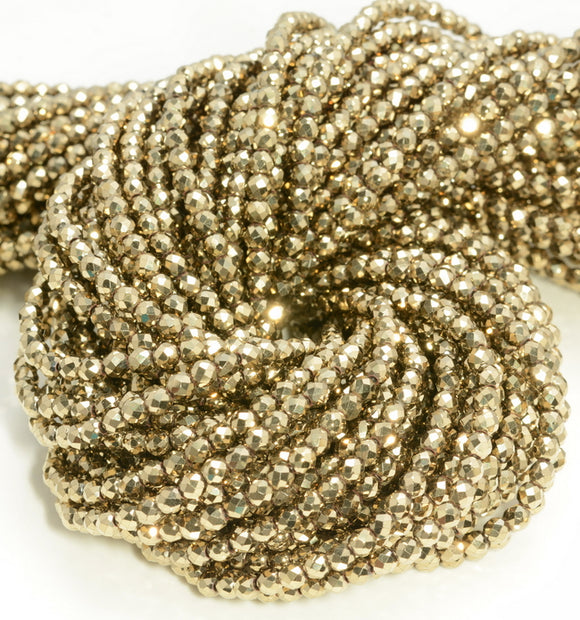 Gold Pyrite Tone Hematite Gemstone Grade AAA Micro Faceted Round 2mm 3mm 4mm Loose Beads 15.5 inch Full Strand (A261)