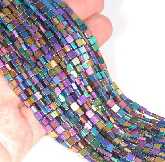 4X4MM Rainbow Hematite Gemstone Square Loose Beads 16 inch Full Strand (80000052-A37)