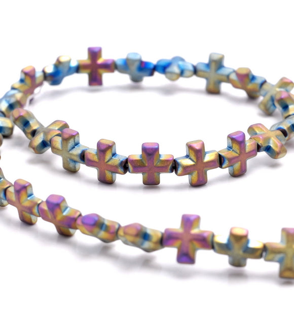 6MM Matte Rainbow Hematite Gemstone Cross Loose Beads 16 inch Full Strand (80000073-A37)