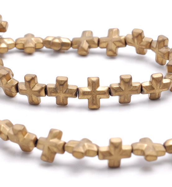 8MM Matte Gold Hematite Gemstone Cross Loose Beads 15.5 inch Full Strand (80000084-A38)