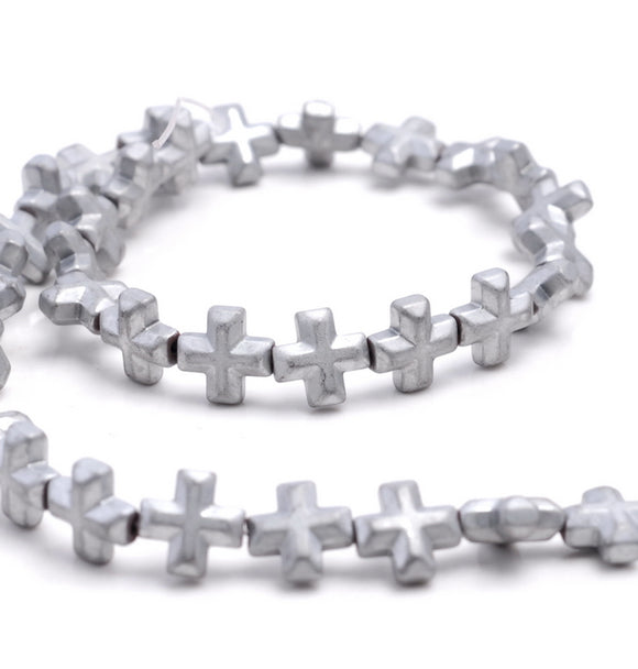 8MM Matte Silver Hematite Gemstone Cross Loose Beads 15.5 inch Full Strand (80000085-A38)