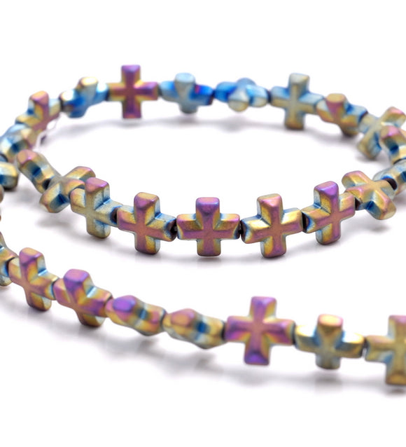 8MM Matte Rainbow Hematite Gemstone Cross Loose Beads 15.5 inch Full Strand (80000087-A38)