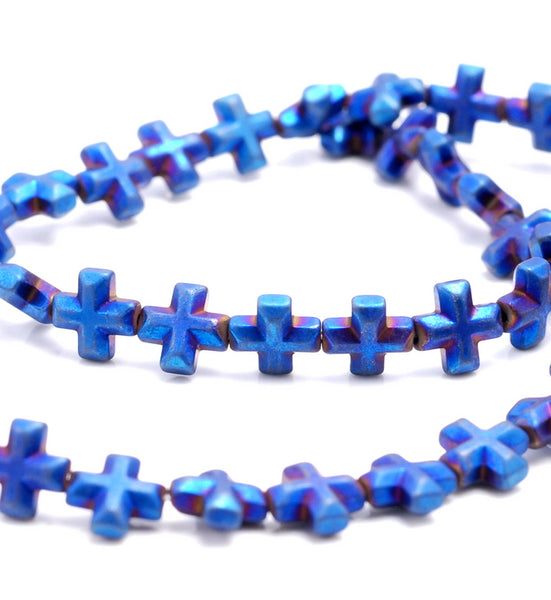 8MM Matte Blue Hematite Gemstone Cross Loose Beads 15.5 inch Full Strand (80000089-A38)