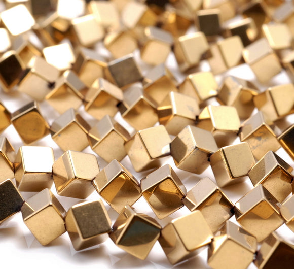 4MM Gold Hematite Gemstone Diagonal Drill;Square Cube Loose Beads 15.5 inch Full Strand (80000188-A43)