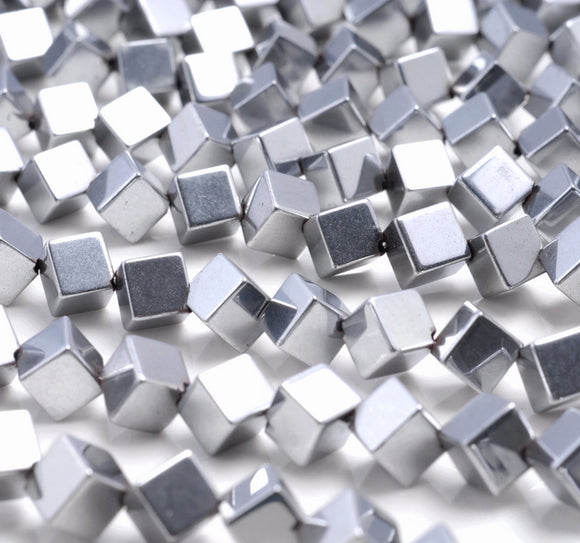 4MM Silver Hematite Gemstone Diagonal Drill;Square Cube Loose Beads 15.5 inch Full Strand (80000189-A43)