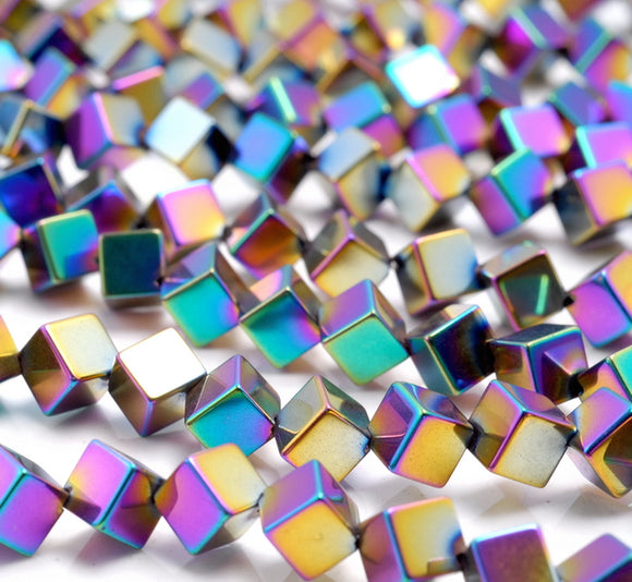 4MM Rainbow Hematite Gemstone Diagonal Drill;Square Cube Loose Beads 15.5 inch Full Strand (80000191-A43)