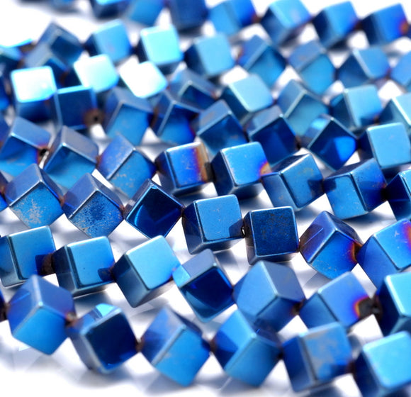 4MM Blue Hematite Gemstone Diagonal Drill;Square Cube Loose Beads 15.5 inch Full Strand (80000193-A43)