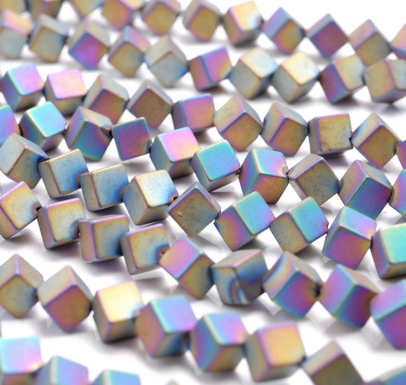 4MM Matte Rainbow Hematite Gemstone Diagonal Drill;Square Cube Loose Beads 15.5 inch Full Strand (80000198-A43)