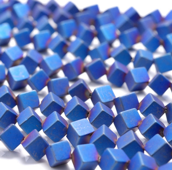 4MM Matte Blue Hematite Gemstone Diagonal Drill;Square Cube Loose Beads 15.5 inch Full Strand (80000200-A43)