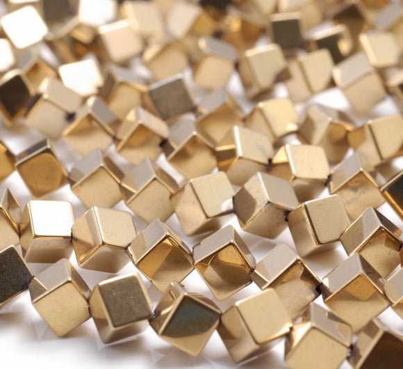 6MM Gold Hematite Gemstone Diagonal Drill;Square Cube Loose Beads 16 inch Full Strand (80000202-A43)