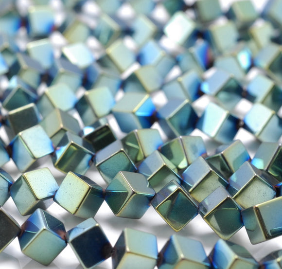 6MM Green Hematite Gemstone Diagonal Drill;Square Cube Loose Beads 16 inch Full Strand (80000206-A44)