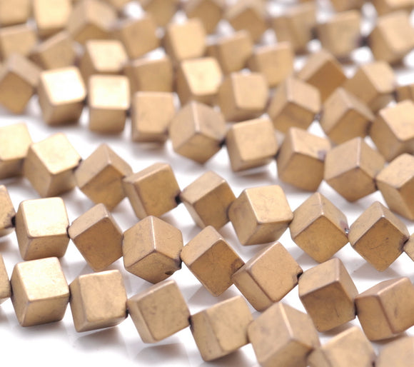 6MM Matte Gold Hematite Gemstone Diagonal Drill;Square Cube Loose Beads 16 inch Full Strand (80000209-A44)