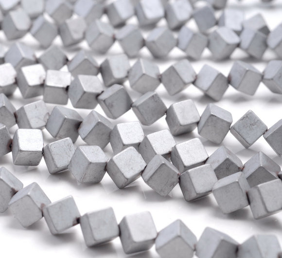 6MM Matte Silver Hematite Gemstone Diagonal Drill;Square Cube Loose Beads 16 inch Full Strand (80000210-A44)