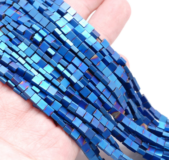 4X2MM Matte Blue Hematite Gemstone Square Flat Loose Beads 16 inch Full Strand (80000289-A48)