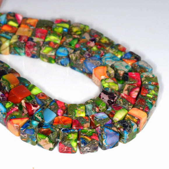 7MM Rainbow Imperial Jasper Gemstone Square Cube Loose Beads 7.5 inch Half Strand (80000492 H-A70)