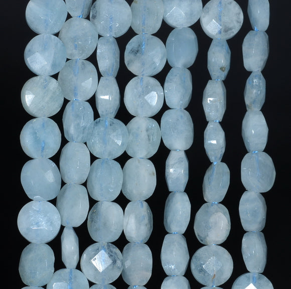 7MM Aquamarine Gemstone Grade AAA Faceted Flat Round Loose Beads 15.5 inch Full Strand (80001356-A108)