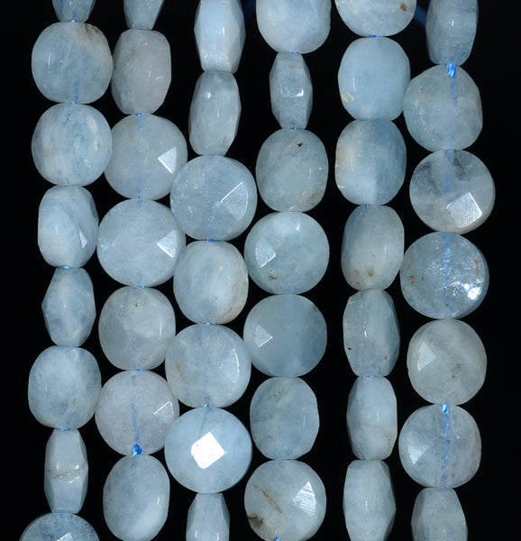 8MM Aquamarine Gemstone Grade AA Faceted Flat Round Loose Beads 15.5 inch Full Strand (80001359-A108)