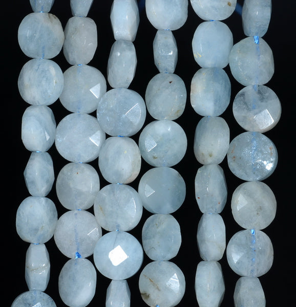 9MM Aquamarine Gemstone Grade A Faceted Flat Round Loose Beads 15.5 inch Full Strand (80001360-A108)