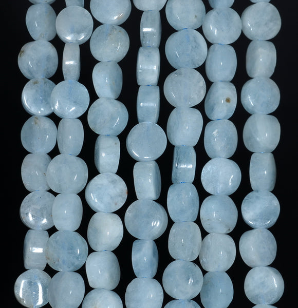 7MM Aquamarine Gemstone Grade AA Flat Round Loose Beads 15.5 inch Full Strand (80001363-A108)