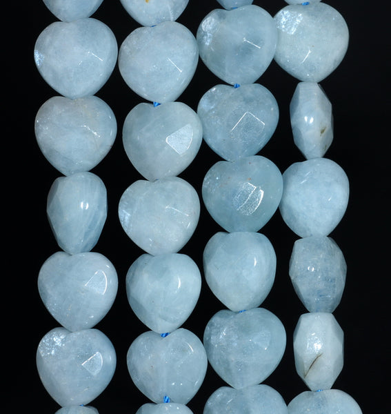 10MM Aquamarine Gemstone Grade AA Faceted Love Heart Loose Beads 15.5 inch Full Strand (80001374-A108)