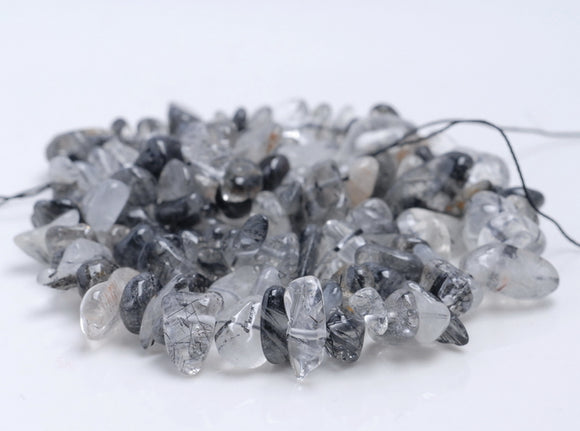 7-8MM Black Rutilated Quartz Gemstone Pebble Nugget Chip Loose Beads 15.5 inch (80001875-A14)