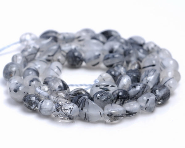 5-6MM Black Rutilated Quartz Gemstone Pebble Nugget Granule Loose Beads 7.5 inch Half Strand (80001939 H-A33)