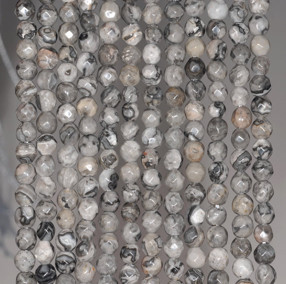 4MM Grey Lace Jasper Gemstone Faceted Round Loose Beads 15 inch Full Strand (80002007-A66)