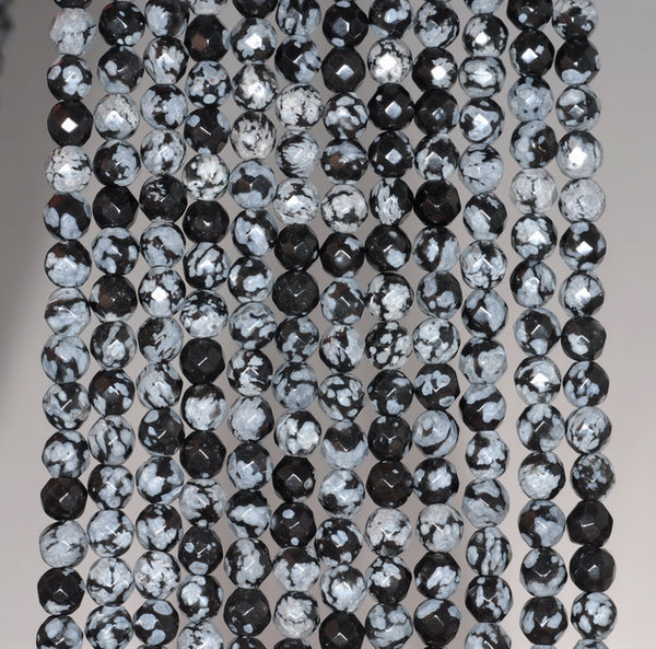 4MM Snowflake Obsidian Gemstone Faceted Round Loose Beads 15 inch Full Strand (80002011-A65)