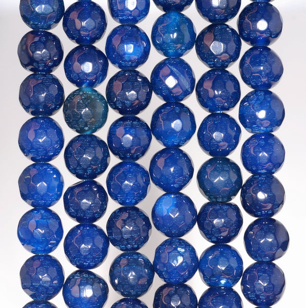 8MM Dark Blue Agate Gemstone Faceted Round Loose Beads 14.5 inch Full Strand (80002811-A54)