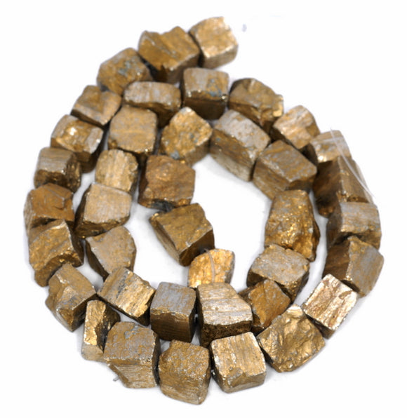 10MM Titanium Gold Pyrite Gemstone Rugged Nugget Cube Loose Beads 7.5 inch Half Strand (80004145-B112)