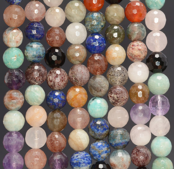 10MM Genuine Multi Stone Gemstone Micro Faceted Round Loose Beads 15.5 inch Full Strand (80009870-A185)