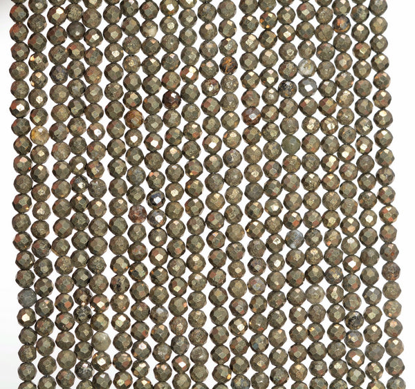 3MM Pyrite Gemstone Grade A Micro Faceted Round Loose Beads 15.5 inch Full Strand (80010086-A197)