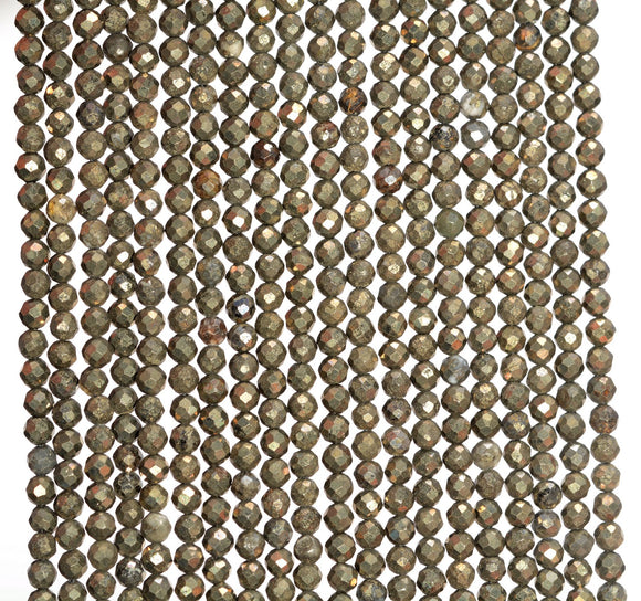 2MM Pyrite Gemstone Grade AA Micro Faceted Round Loose Beads 15.5 inch Full Strand (80010133-A196)