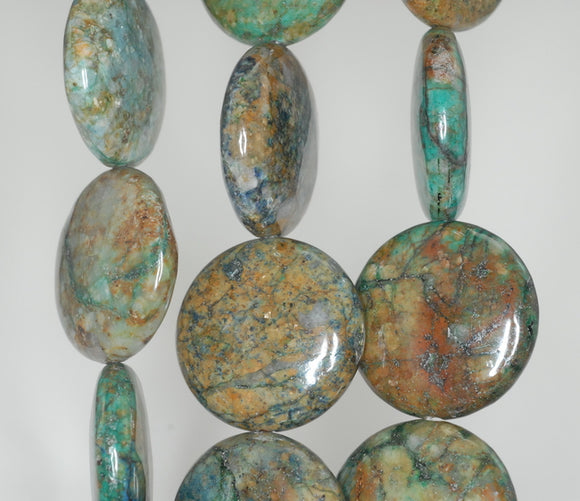 25mm Brown Green Chrysocolla Gemstone Flat Round Loose Beads 7.5 inch Half Strand (90188520-675)