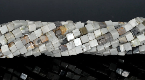 4MM Silver Leaf Jasper Gemstone Square Cube Loose Beads 15.5 inch Full Strand (90182157-A112)