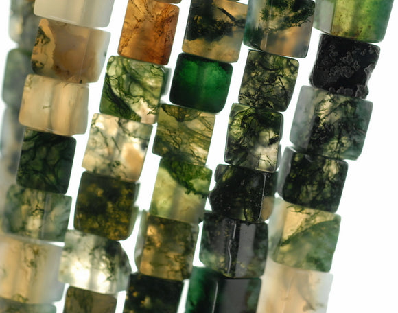 7-8MM Moss Agate Gemstone Square Cube Loose Beads 7.5 inch Half Strand (90184183-A115)