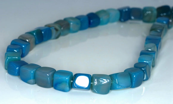 9-10MM Blue Agate Gemstone Square Cube Loose Beads 7.5 inch Half Strand (90182212-A115)