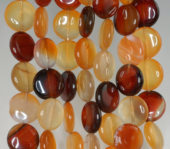 14MM Carnelian Yellow Red Agate Gemstone Flat Round Circle Loose Beads 14 inch Full Strand (90182335-A119)