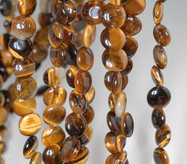 10MM Yellow Tiger Eye Gemstone Flat Round Circle Loose Beads 7 inch Half Strand (90182372-A119)