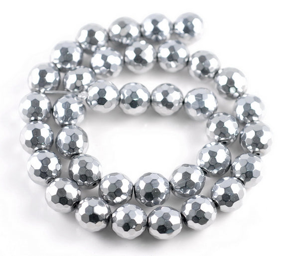 11MM Silver Hematite Gemstone Faceted Round Loose Beads 15.5 inch Full Strand (90182549-A135)