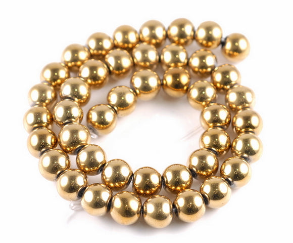 10MM Gold Hematite Gemstone Round Loose Beads 7.5 inch Half Strand (90182617-A135)