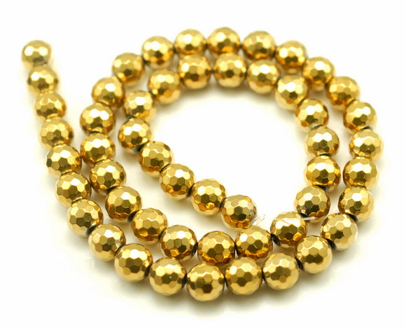 12MM Gold Hematite Gemstone Faceted Round Loose Beads 7.5 inch Half Strand (90182618-A135)