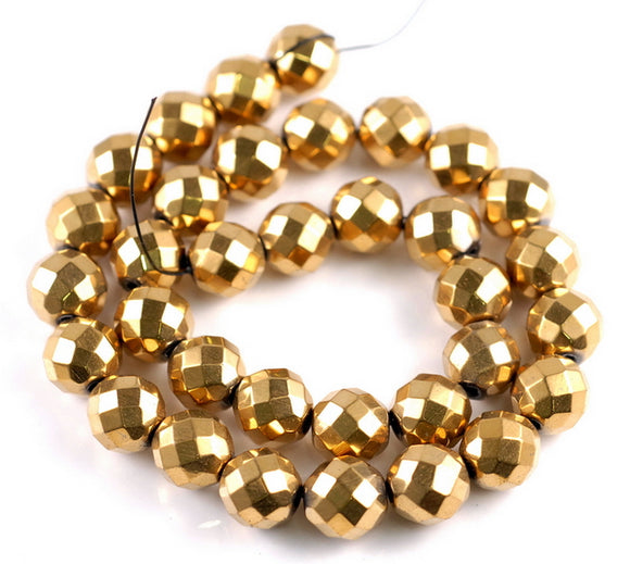 12MM Gold Hematite Gemstone Faceted Round Loose Beads 15.5 inch Full Strand (90182554-A135)