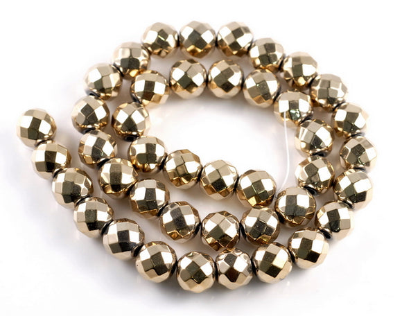 10MM 18K Gold Hematite Gemstone Faceted Round Loose Beads 15.5 inch Full Strand (90182571-A136)