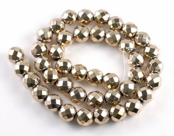 11MM 18K Gold Hematite Gemstone Faceted Round Loose Beads 7.5 inch Half Strand (90182600-A136)