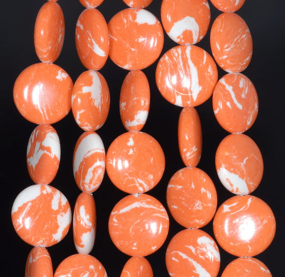 14MM Orange White Matrix Turquoise Gemstone Flat Round Circle Loose Beads 7.5 inch Half Strand (90183289-A151)